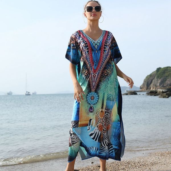 

women boho beach maxi dress print long robe summer tunics wrap v neck, Black;gray