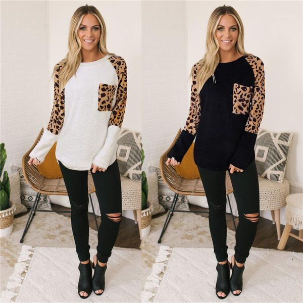 

tshirts long sleeve o neck pockets ladies casual black loose womens tees leopard womens, White