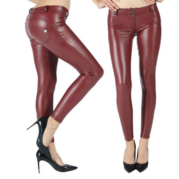 

melody 2020 new wine red middle waist pencil pant women faux leather pu long trousers casual fashion exclusive design, White;red