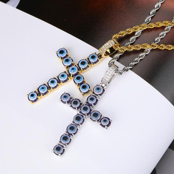 

miami persian blue eye cross links necklace pendant gold silver color cubic zircon men's women hip hop rock jewelry