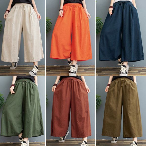 

2020 New Women's Wide-leg Pants Summer Cotton and Linen Thin Section Large Size Loose Linen Eight-point Casual Wide-leg Culottes Leggings