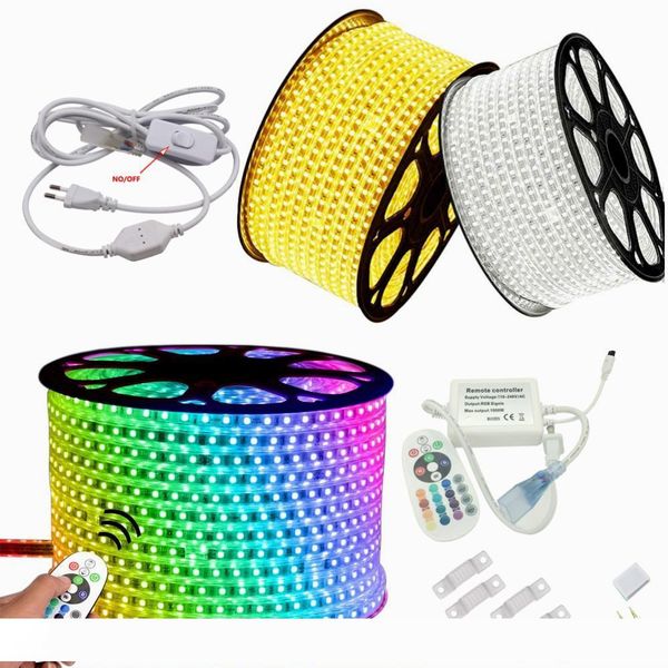 

110v 220v dimmable светодиодные полосы 10m 50m 100m высокого напряжения smd 5050 rgb светодиодные полосы светится водонепроницаемый + ик-пул