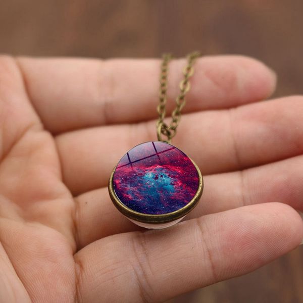 

wg 1pc fashion universe space red nebula double-sided glass ball cabochon time gem&stone necklace pendant jewelry for female, Silver