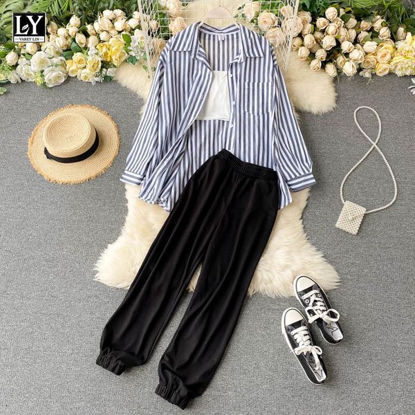 

ly varey lin 2020 new autumn women casual two piece sets long sleeve striped shirts black elastic waist loose black jogger pants, White