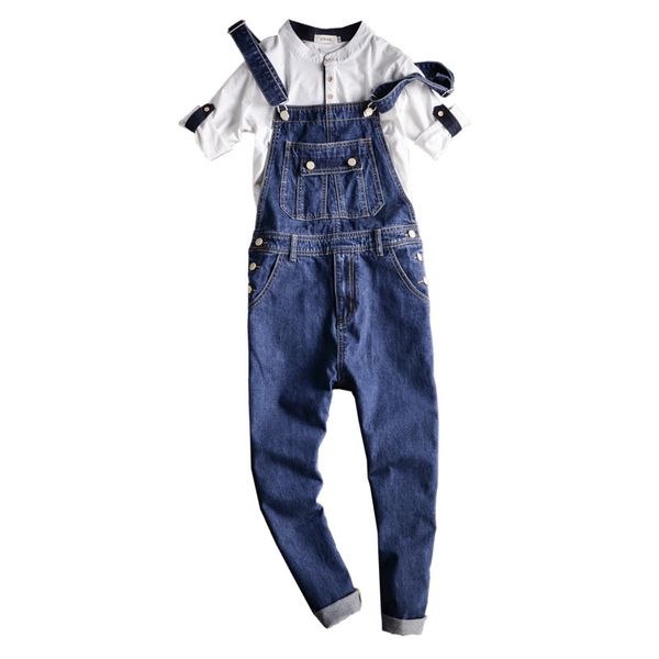 

men's jeans fashion denim overalls for men ankle length solid blue slim cowboy overall cotton