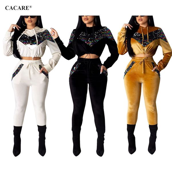 

velvet 2 pieces hooded set autumn women with sequined decor. long pants set 3 choices f2995 s-2xl, White