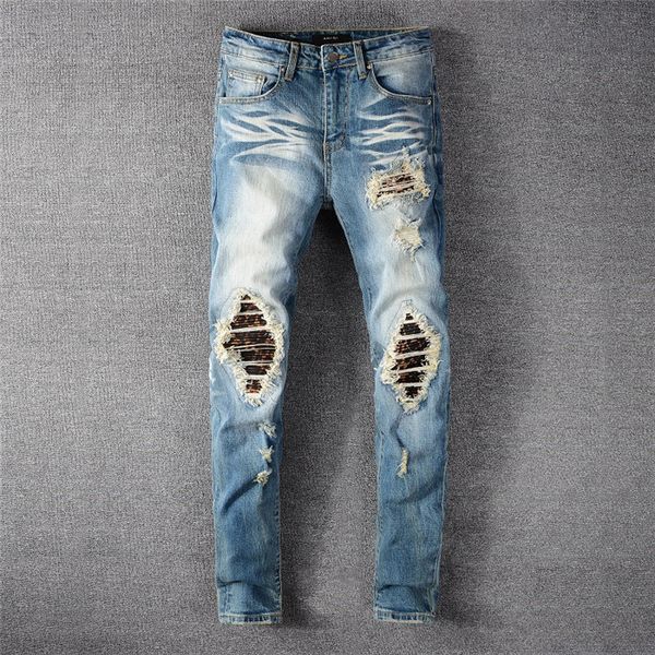 

new production mens denim jeans black ripped pants holes version skinny straight frayed stlye stitching stylist jeans, Blue