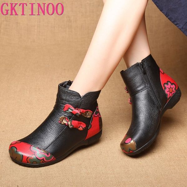 

gktinoo winter autumn ankle boots women genuine leather shoes handmade women shoes plush flat heel snow boots plus size 35-41, Black