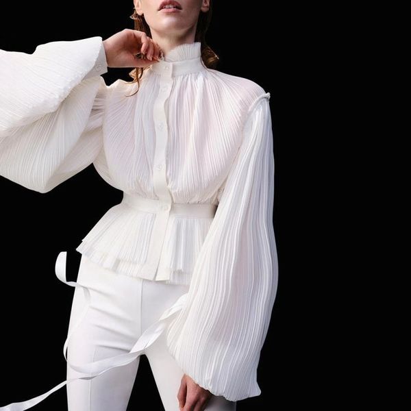 

women's blouses & shirts johnature 2021 spring ruffles collar lantren sleeve womens and fashion loose pleat female, White