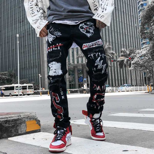 

new 2020 men's fashion ripped cotton jeans scrawl pants hip hop elastic waist harem joggers harajuku sweatpant denim trousers, Blue