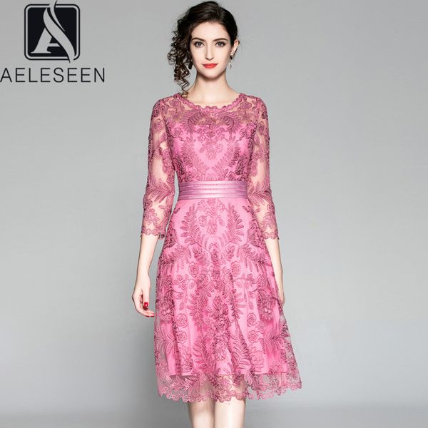 

aeleseen fashion plus size dress women's 3/4 sleeve spring summer vintage dress burgundy navy blue flower embroidery midi, Black;gray