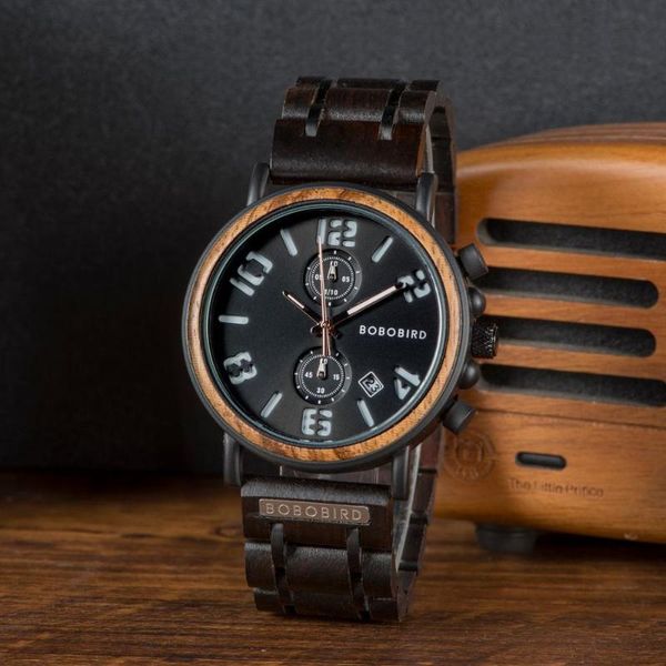 

bobo bird watch men wood chronograph wristwatches male stainless valentine's gift relogio masculino, Slivery;brown