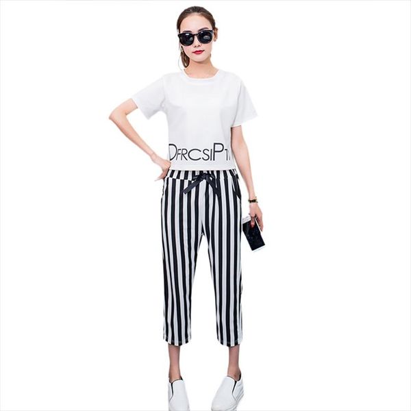 

women summer fashion t shirts sets short sleeve letter print crop and striped elastic waist pants, Gray