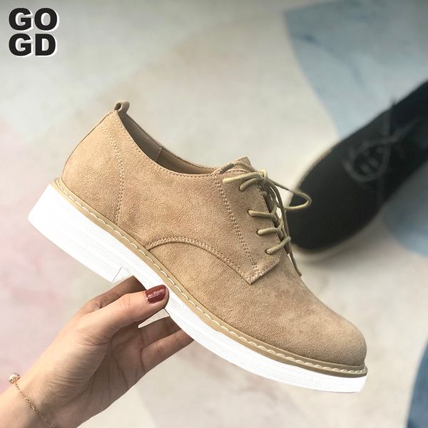 

gogd]spring / autumn 2020 new women's shoes european and american plus size single shoes, lace-up suede shoes flat 36-41, Black
