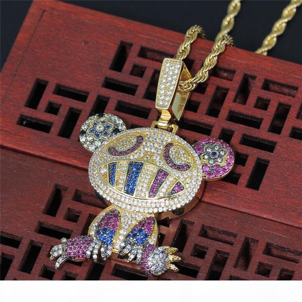 

18k yellow gold multi-color iced takashi murakami panda pendant necklace micro paved zircon mens hip hop jewelry, Silver