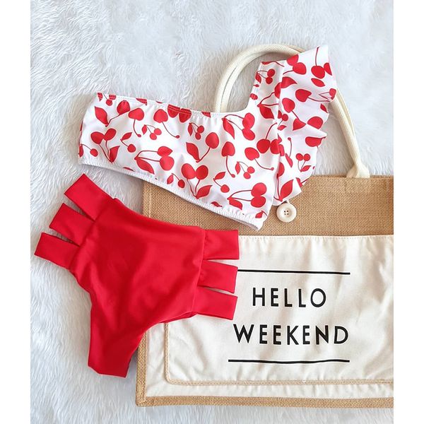 

2020 women high waist bikini swimsuit swimwear female one shoulder ruffle biquini bikini set bathing suit bather