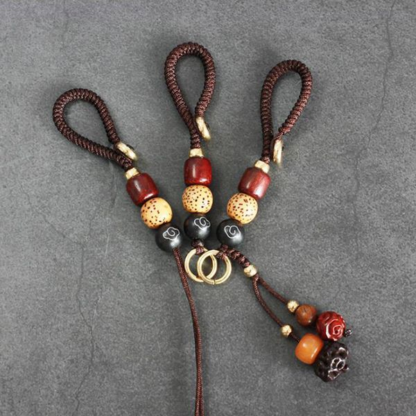 

handmade vintage woven rope keychain diy key chains accessories auspicious cloud pattern black wood beaded ethnic lucky jewelry, Silver