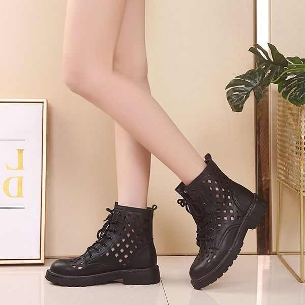 

сапоги осень женщины обувь женщина твердая черные кожаные сапоги женщины узелок дышащий hollow голеностопного мотоциклов плюс размер, Black