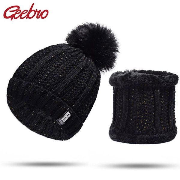 

geebro 2020 new brand ski cap wool fur lining ball cap pompom winter hat for women girls warm knitted scarf hat, Blue;gray