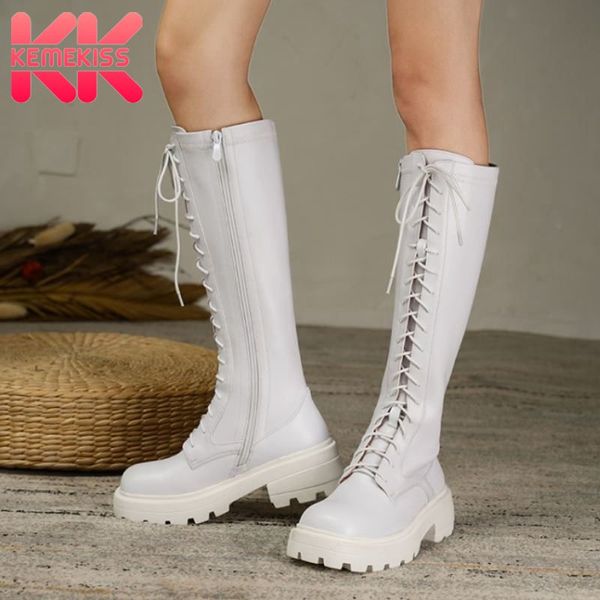 

kemekiss real leather women knee boots cross strap zipper thick heel shoes warm boots women fashion party footwear size 33-40, Black