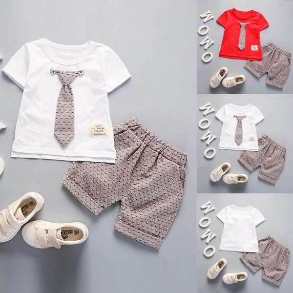 

2 colors smart cute toddler kids baby boys outfits short sleeve t-shirt+pants gentleman clothes set fancy design august 8, White