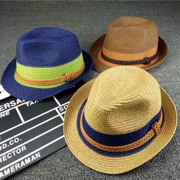 

summer jazz straw hat men sun cap parent-child beach hat rope patchwork striped kids' straw mom and baby hats for women, Blue;gray