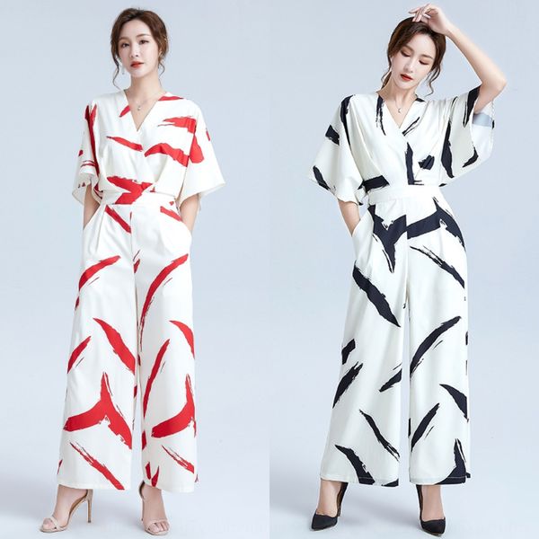 

2020 summer new women's printed contrast color pants zipper wide leg pants v-neck cropped sleeve loose jumpsuit zipper high waist wide, Gray
