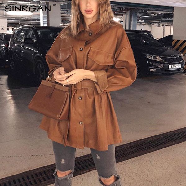

sinrgan women brown soft leather jacket dress medium length slim faux pu leather coats elegant tie belt waist pockets outfits 200924, Black