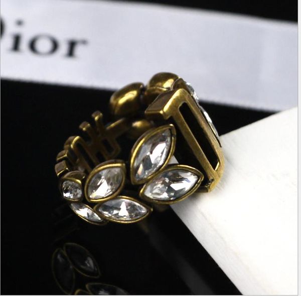 

vintage women's ring brass crystal letter ring, Silver