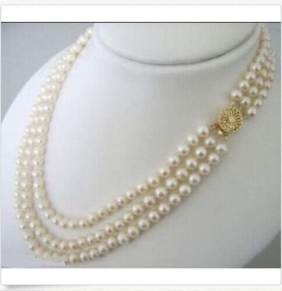 

new 3 rows 6-7mm white akoya cultured pearl choker necklace 17-19, Silver