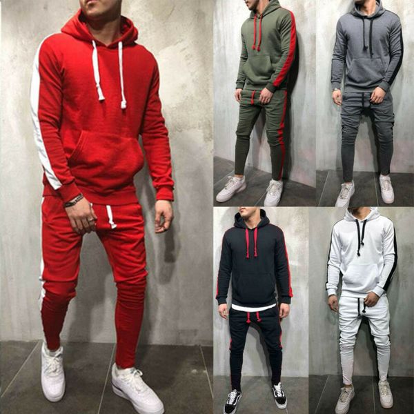 

men's tracksuit set gym sports hooded hoodies + pencil pant striped jogging joggers outfit hot, Gray
