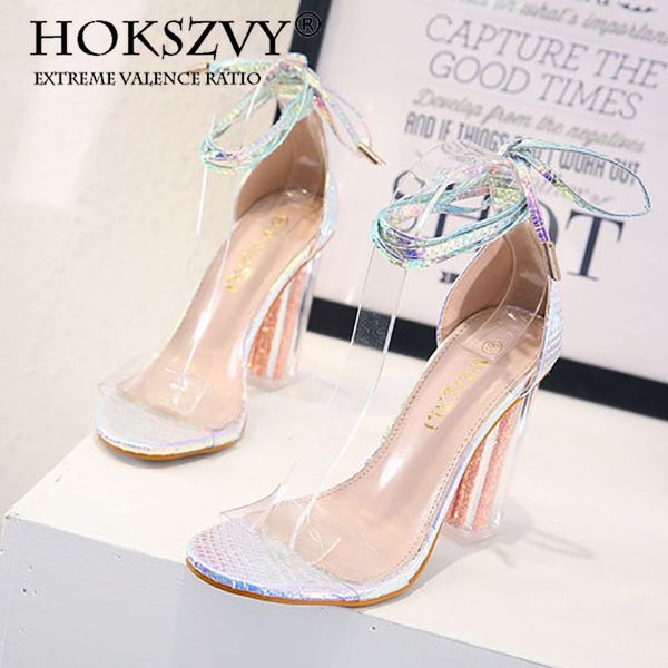 

hoksvzy 2020 summer multi-color crystal heel women's shoes strap transparent open toe women's sandals cwf, Black