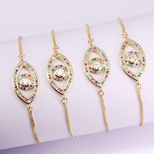 

2020 new design cz rainbow color copper charm bracelet zirconia evil eye bracelet gold color adjustable gift for woman, Golden;silver