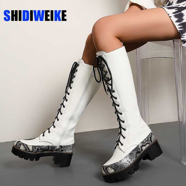 

leather knee high boots women autumn winter med square heel ladies platform shoes woman cross strap black round toe boots ac187