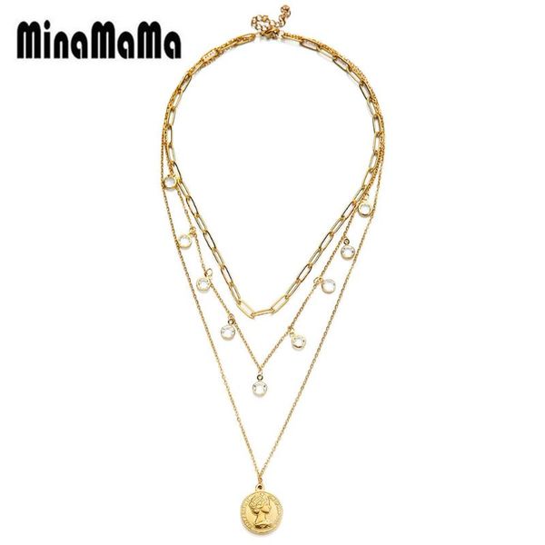 

fashion beauty head pendant necklace for woman stainless steel multi-layer crystal tassel chain necklace charm jewelry, Silver