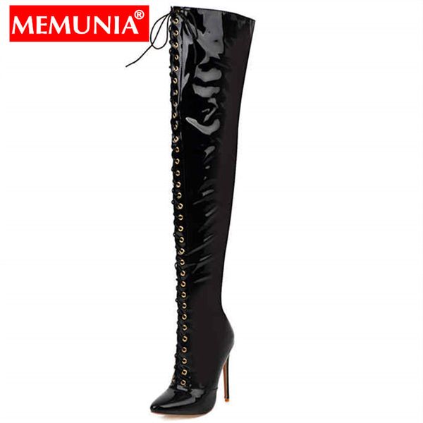 

memunia size 34-48 new over the knee boots pointed toe lace up patent pu leather thigh high boots women ladies prom dance shoes, Black