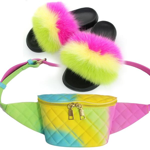 

women's fluffy fur slides fanny pack sets furry summer sandals ladies rainbow jelly wallet travel slippers casual fur slides, Black
