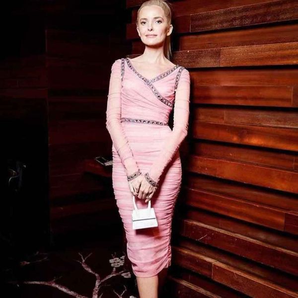 

pink mesh bandage dress women's elegant shiny diamond long sleeve draped bodycon dress club party dresses vestidos, Black;gray