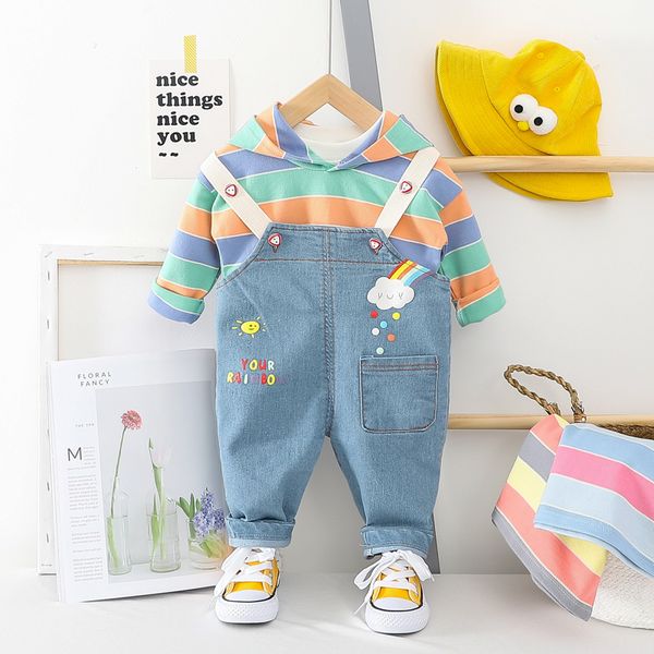 

hylkidhuose 2020 spring девочки мальчики одежда наборы с капюшоном топы bib jeans мультфильм малышей одежда для младенцев дети костюм y20080, White