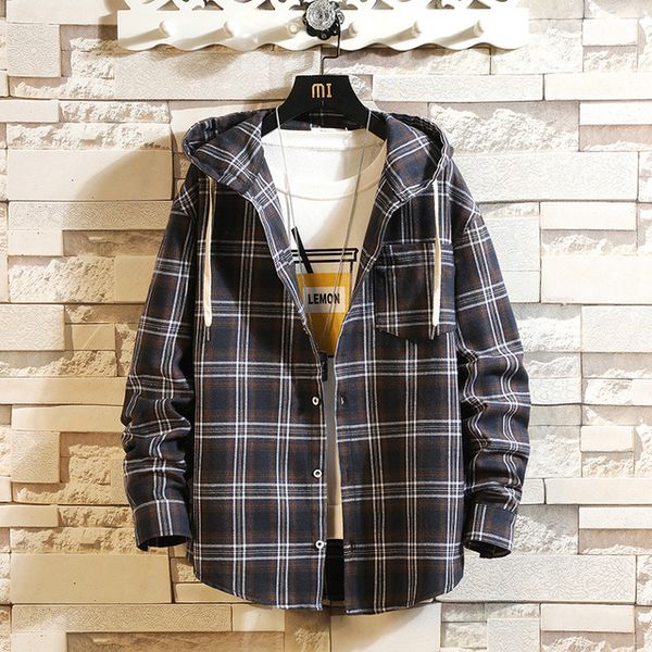 

hip hop streetwear casual plaid shirt men long sleeve loose with hooded mn303, White;black