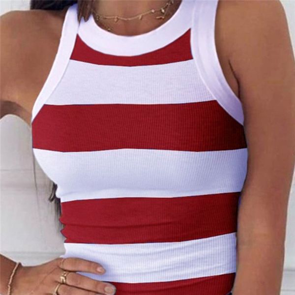 

women 's rib summer tank small fresh new simple striped color matching crew neck vest sling stretch, White