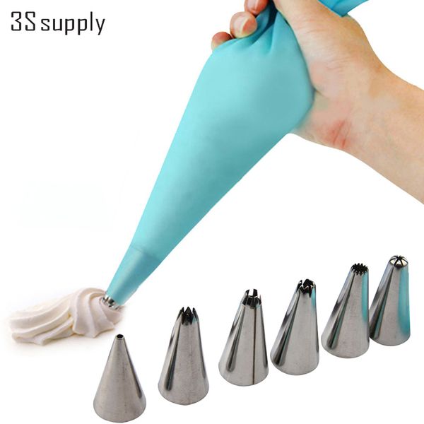 

baking & pastry tools silicone icing piping cream bag + 6 x stainless steel nozzle set diy cake decorating tips cupcake fondant sugarcraft
