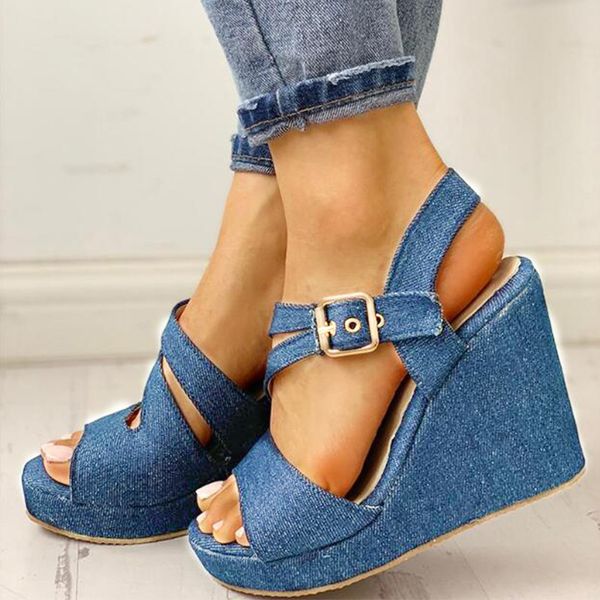 

women ankle buckle strap wedge sandals ladies peep toes denim high heel sandal female pu leather casual platform woman shoes new, Black