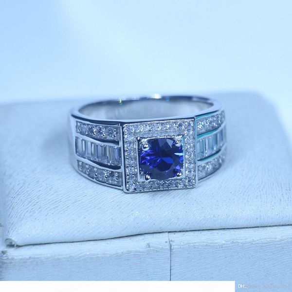 

wholesale luxury jewelry pure real soild 925 sterling silver blue sapphire 5a cz round cut gemstones wedding men band ring gift size 8-13, Golden;silver
