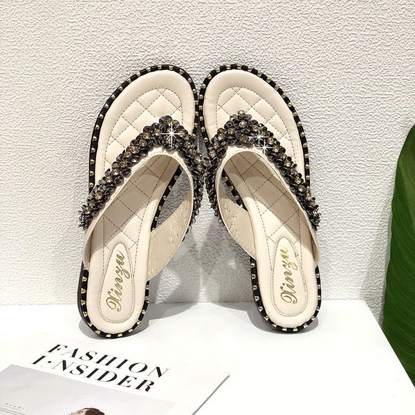 

large slippers women's summer new fashion flip flops korean flat sole flat heel sequins water drill toe beach shoes comfortable, Black