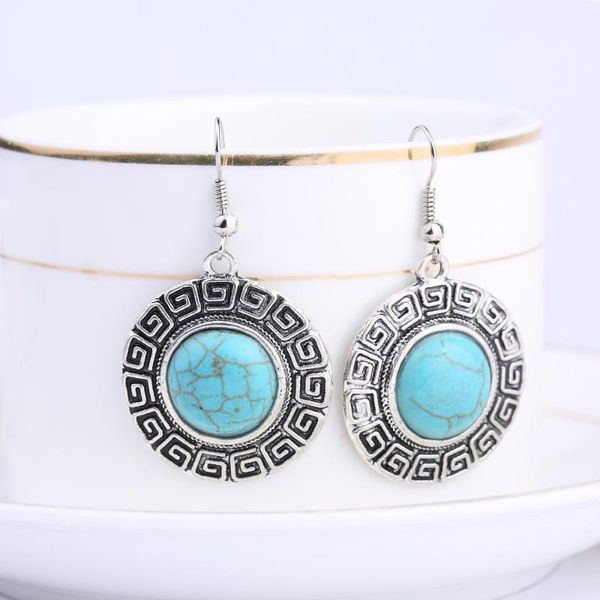 

dangle & chandelier 2021 arrival round turq stone earrings bohemian geometry carve patterns or designs on woodwork for girls and women, Silver