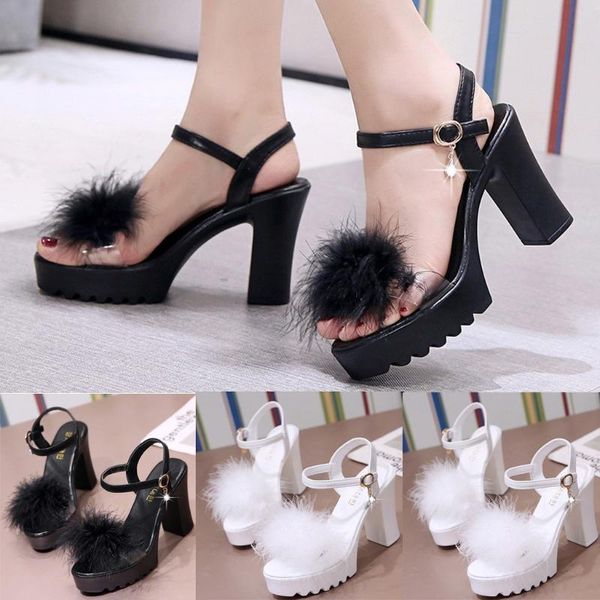 

summer women's fashion furry open-toe sandals buckle rhinestone high heels lace up ladies peep toe fashion high heels footwear, Black