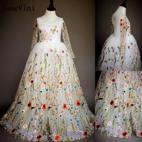 

janevini vintage girl dress long sleeve lace embroidery tulle flower girl dresses for weddings 2020 kids child prom evening gown, Red;yellow