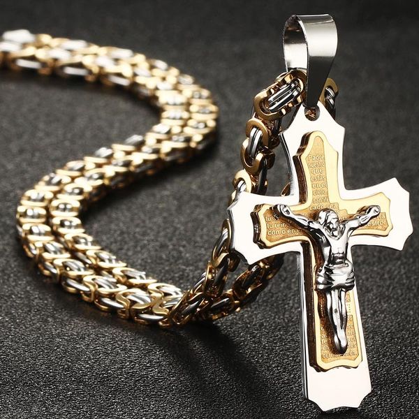 

crucifix pendant necklace stainless steel gold chain cross necklace catholic religious bible spanish scriptures prayer neckless, Silver