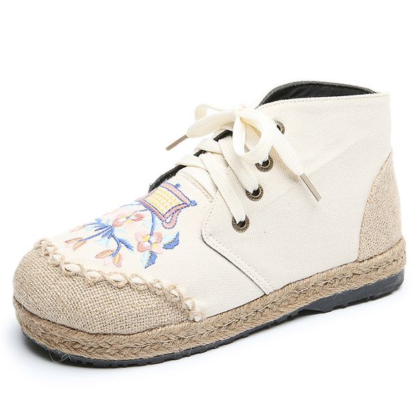 

2020 vintage women shoes cotton linen canvas cloth single national floral print handmade woven round toe lace up flats, Black